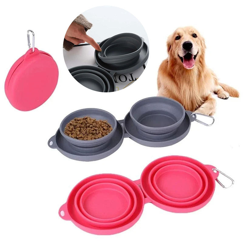 Rubber Foldable Travel Double Pet Bowl